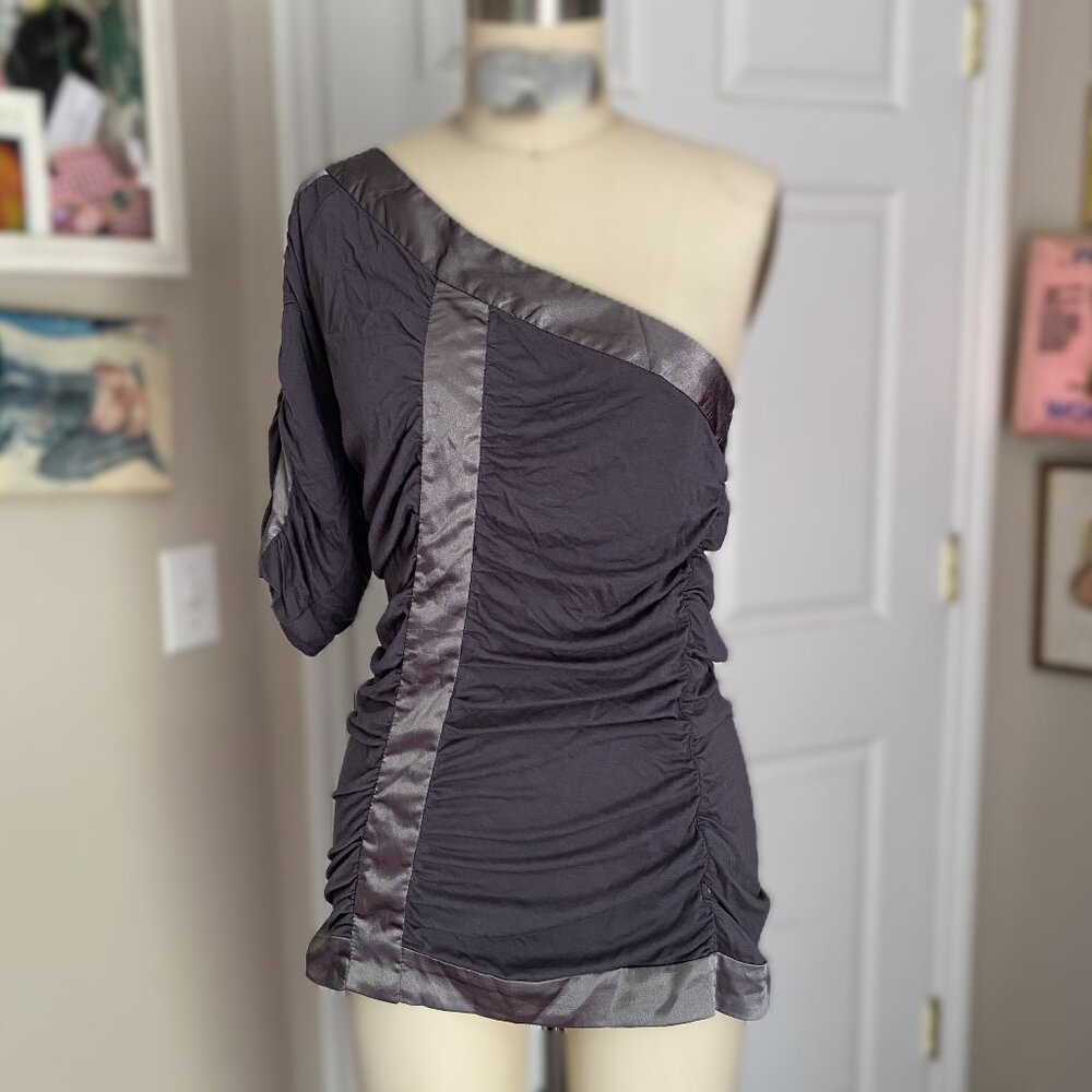 DREAM CULTURE Gunmetal Gray Y2K Satin trim Ruched One Shoulder club Tank *MED*